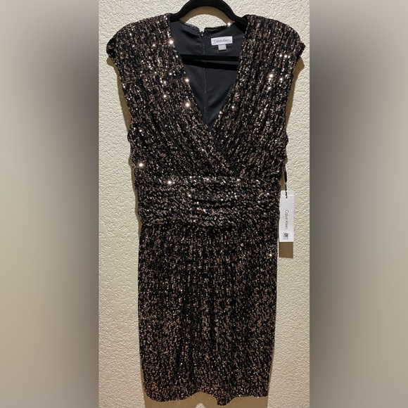 NWT Calvin Klein Sequins Cocktail Dress Bronze Black Size 10 - Picture 4 of 10
